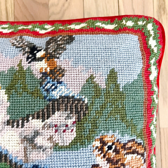 Vintage Needlepoint Christmas Snowman Chipmunk Bunny Square 13.5in Red - Picture 6 of 9